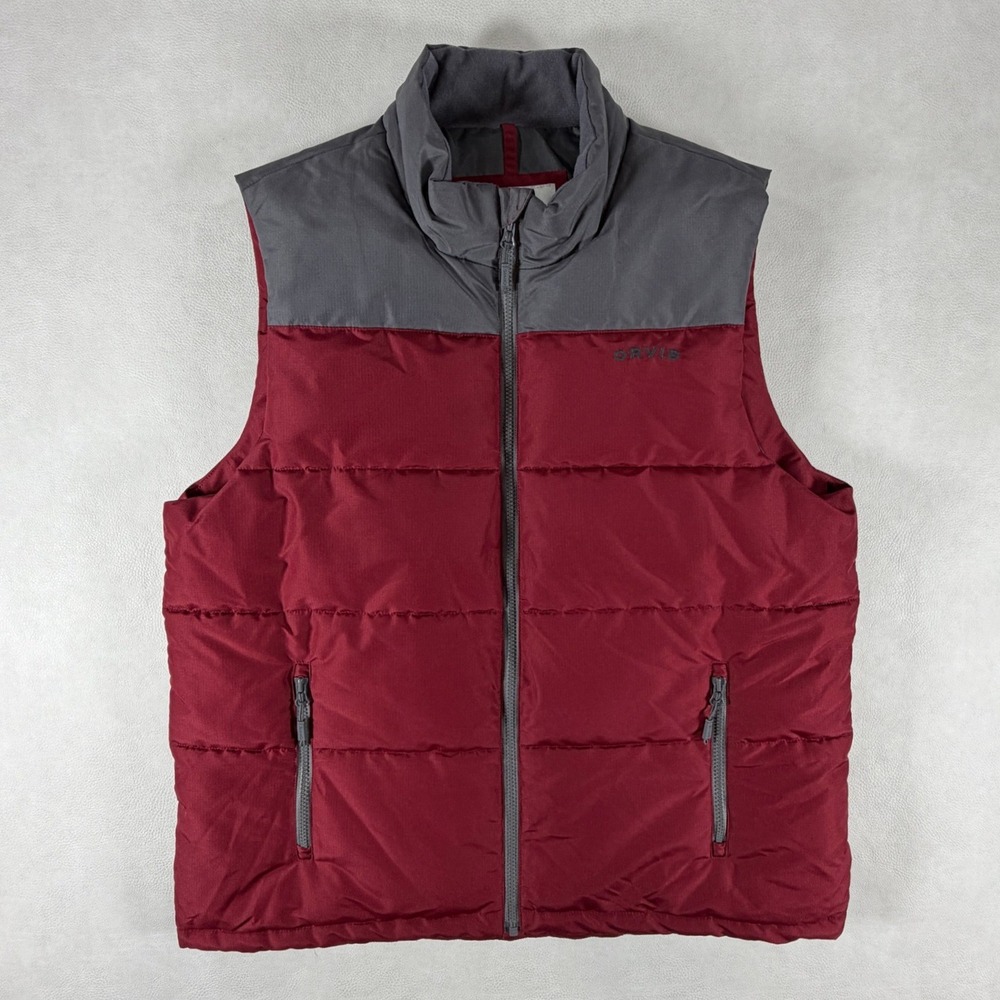 Orvis Mens Puffer Vest Burgundy Gray Quilted Full Zip Mock Neck Size Large